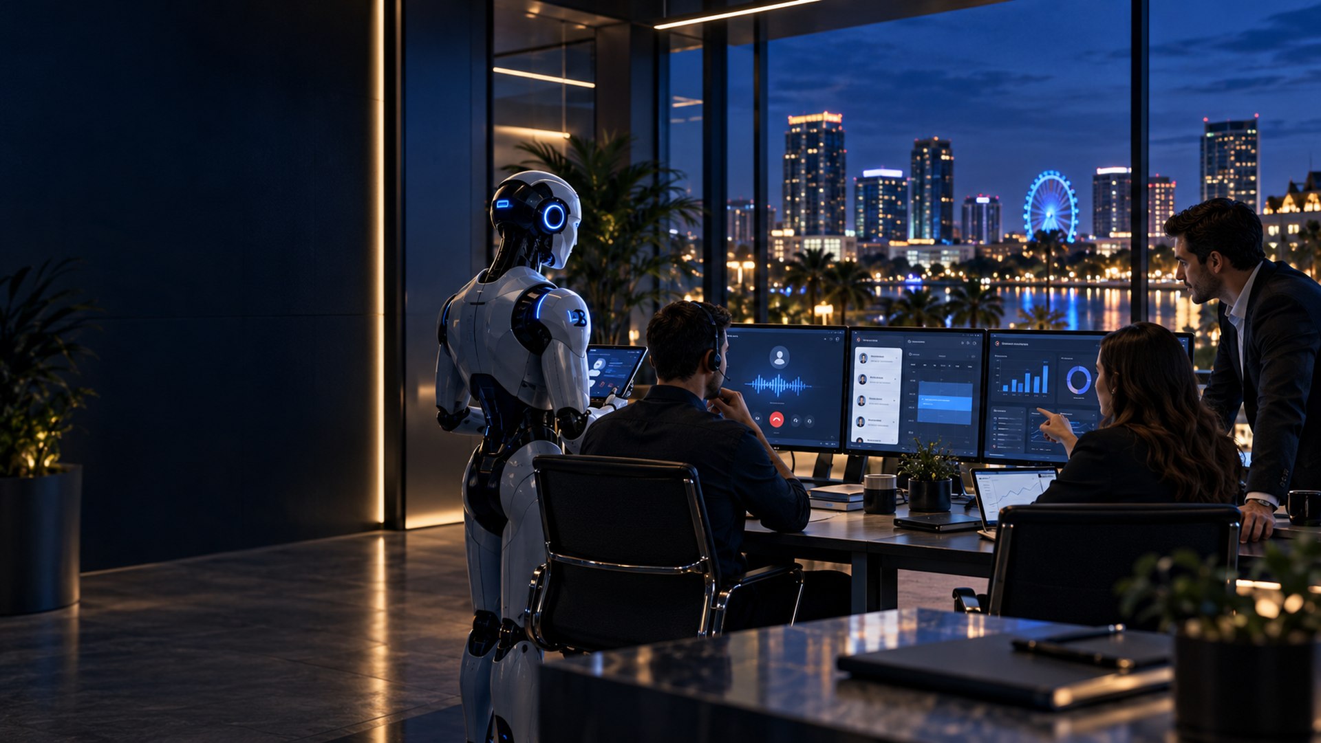 An AI companion working beside a team at their computers, with Orlando at night beyond the windows.